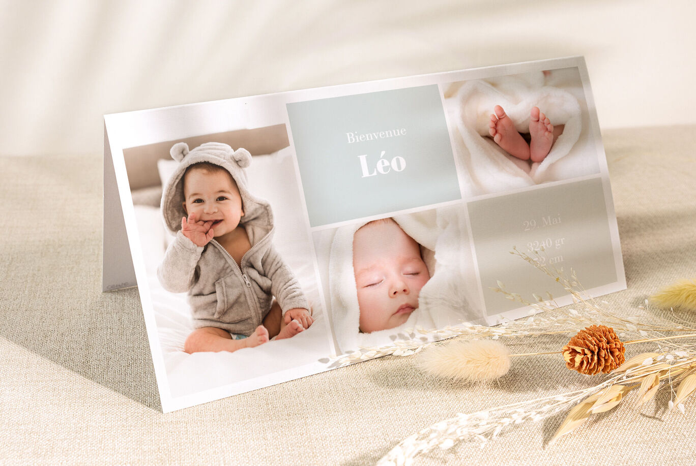 Un motif de bienvenue pour le bébé Léo, avec une photo mignonne et des couleurs douces.