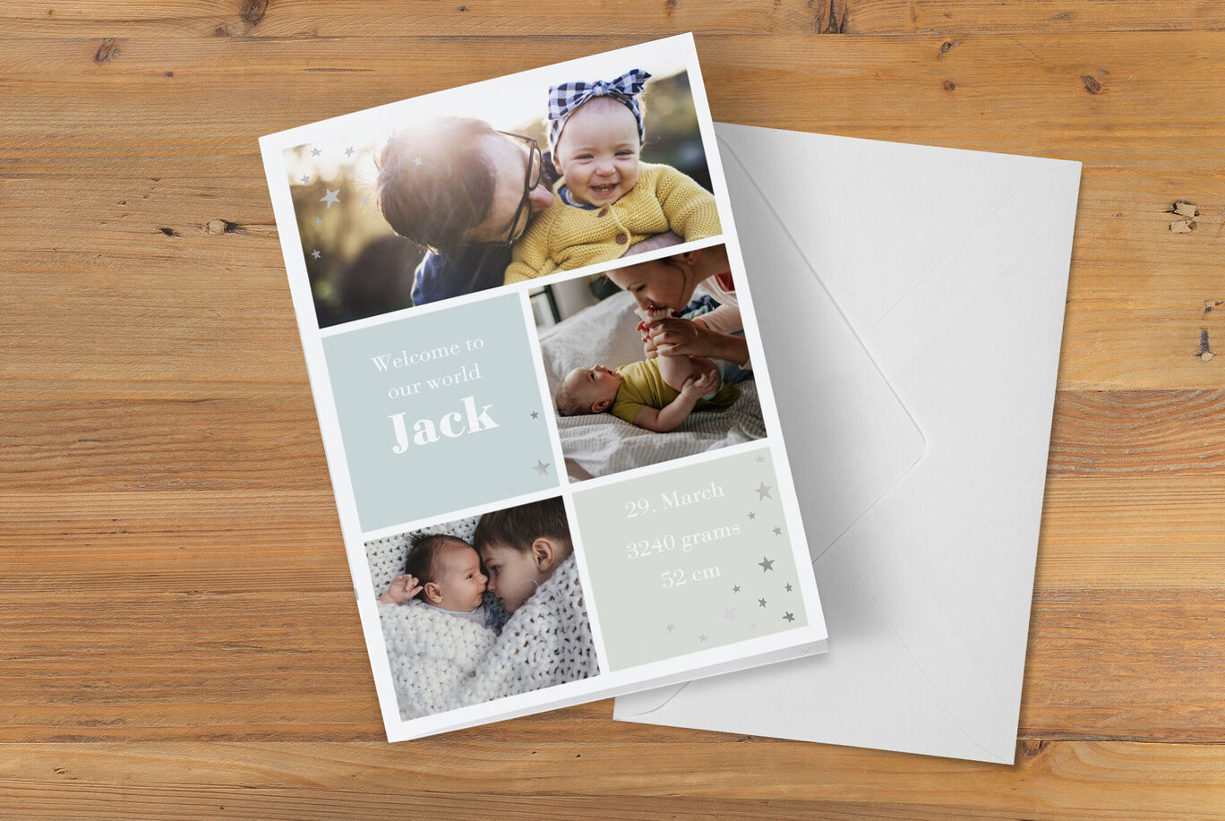 Deux photos d'un bébé, une carte de vœux marquée "Bienvenue, nous sommes Jack".
