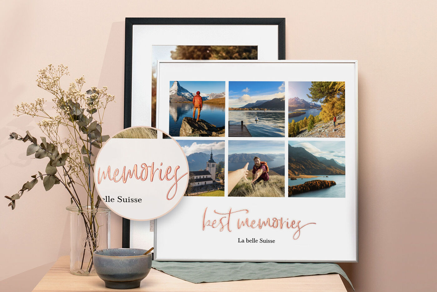 Collage de plusieurs photos évoquant la Suisse, avec du texte stylé en dessous.