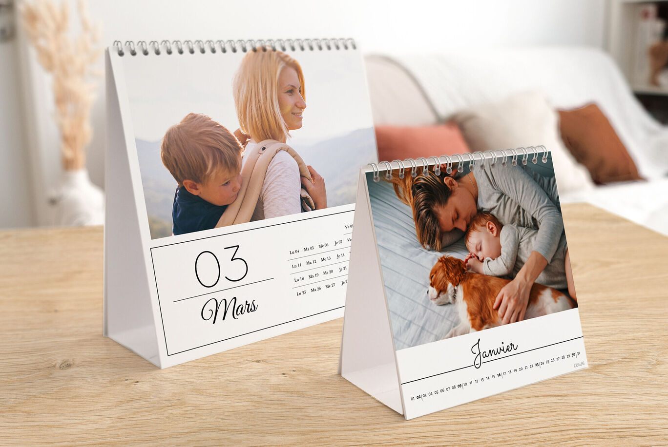 Deux calendriers photo CEWE joliment conçus avec des photos de famille et d'animaux de compagnie.